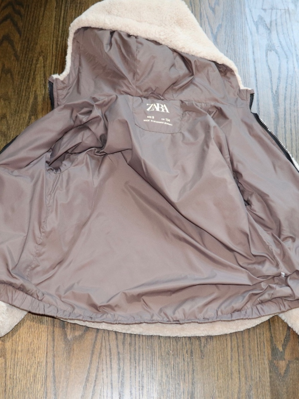 Zara girls hooded faux fur bomber jacket beige brown size 9 zipper sherpa teddy - Picture 5 of 9